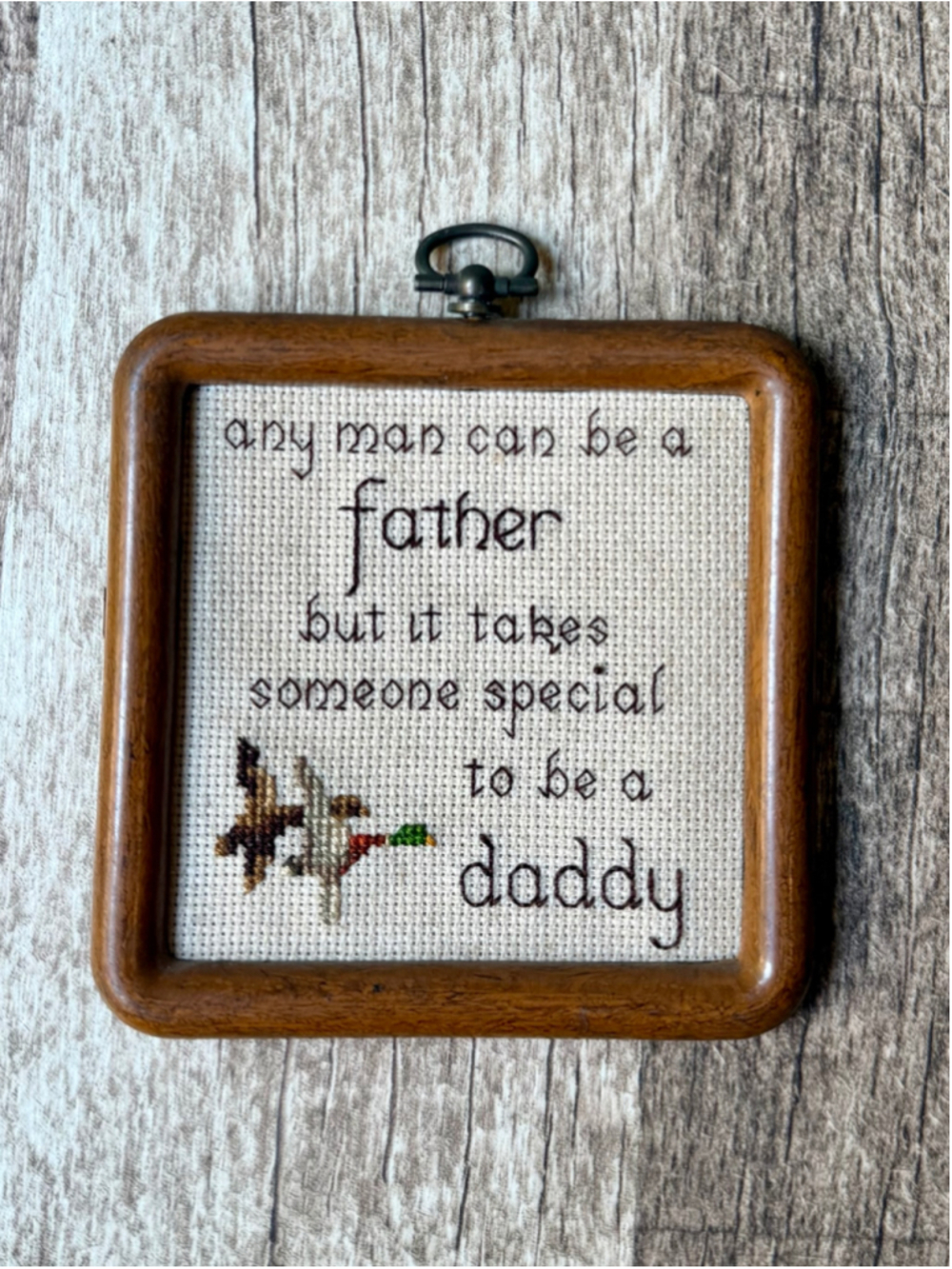 Vintage Mini 4x4 Mallard Ducks Framed Cross Stitch "Special to Be a Daddy" Quote
